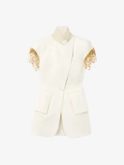 Women's Gold Leaves and Crystal Embroidery Short-Sleeved Jacket in Ivory
