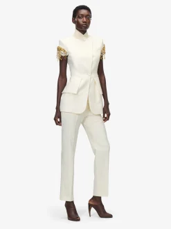 Women's Gold Leaves and Crystal Embroidery Short-Sleeved Jacket in Ivory