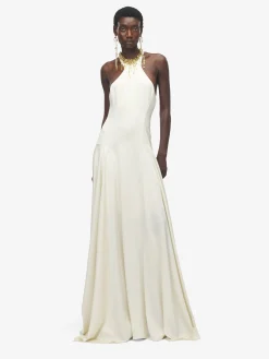 Women's Gold Leaves And Crystal Embroidery Evening Dress in Cream