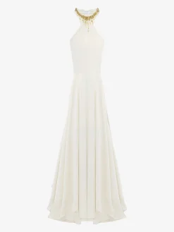 Women's Gold Leaves And Crystal Embroidery Evening Dress in Cream