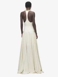 Women's Gold Leaves And Crystal Embroidery Evening Dress in Cream