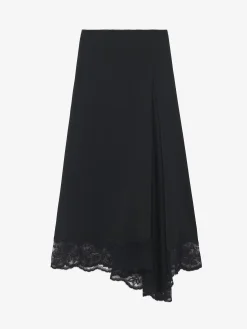 Women's Lace Hem Asymmetric Midi Skirt in Black