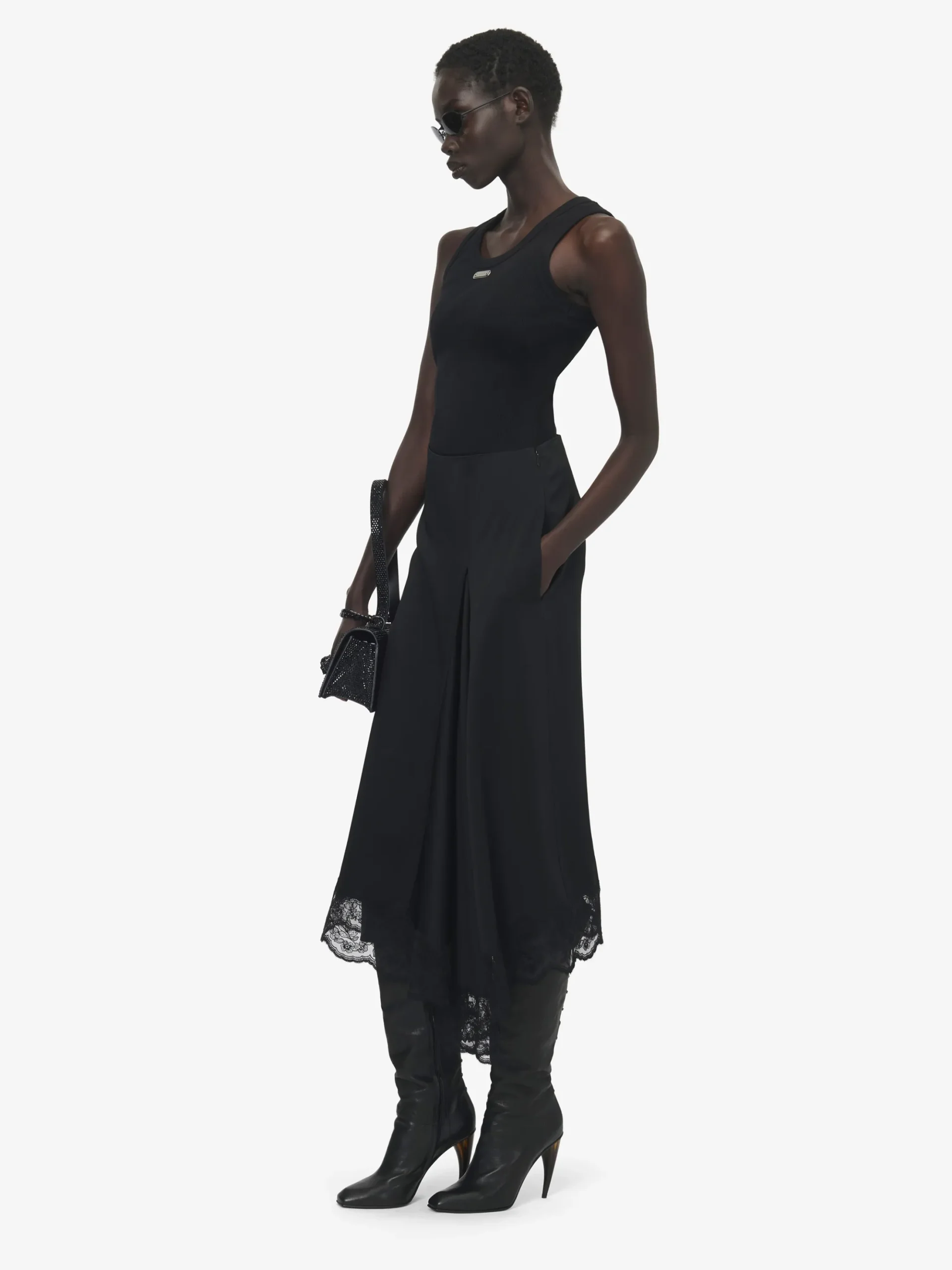 Women's Lace Hem Asymmetric Midi Skirt in Black