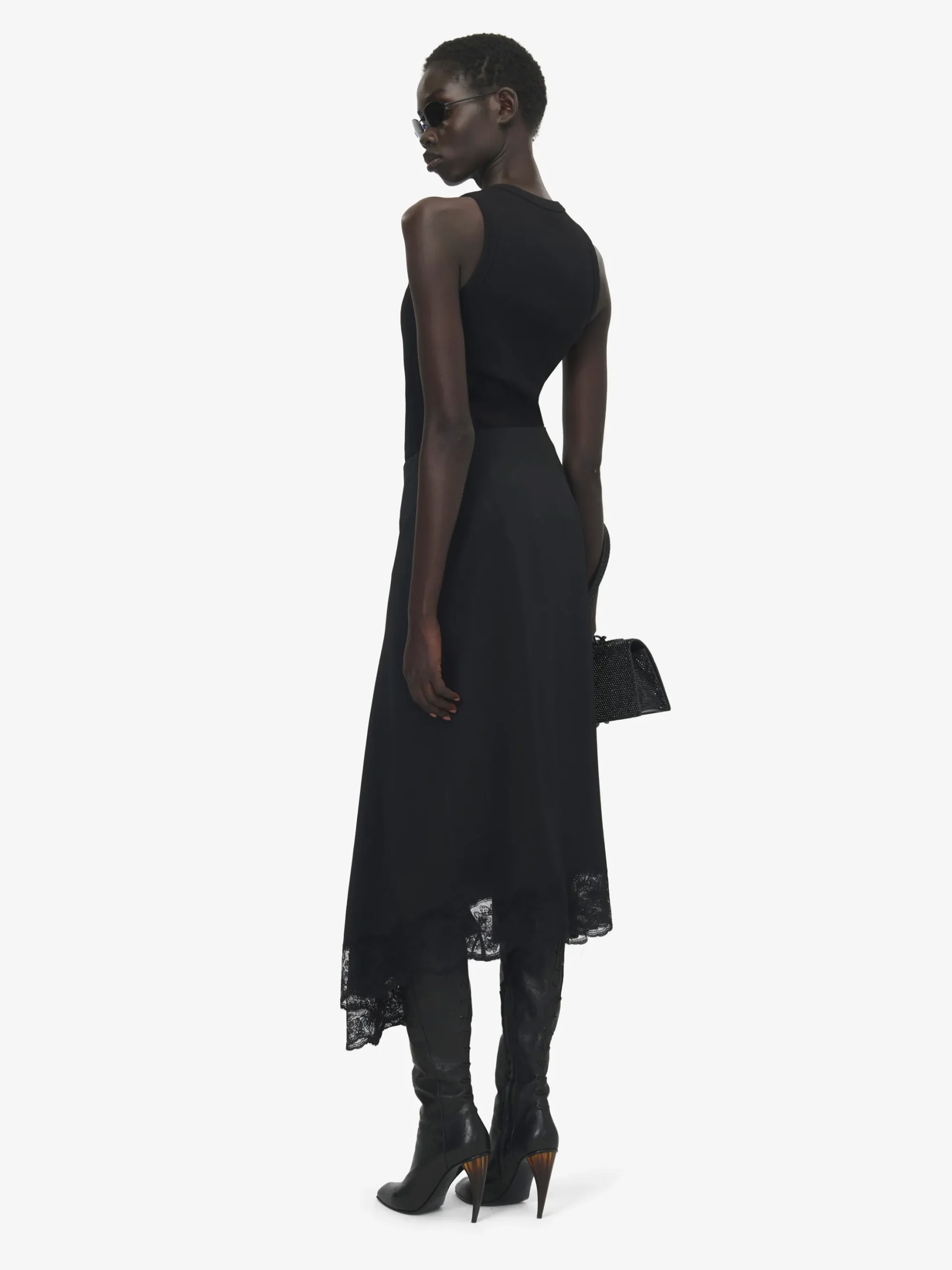 Women's Lace Hem Asymmetric Midi Skirt in Black
