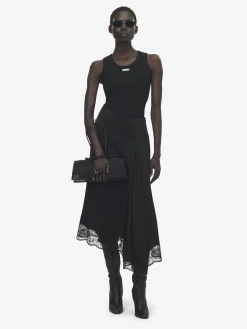 Women's Lace Hem Asymmetric Midi Skirt in Black
