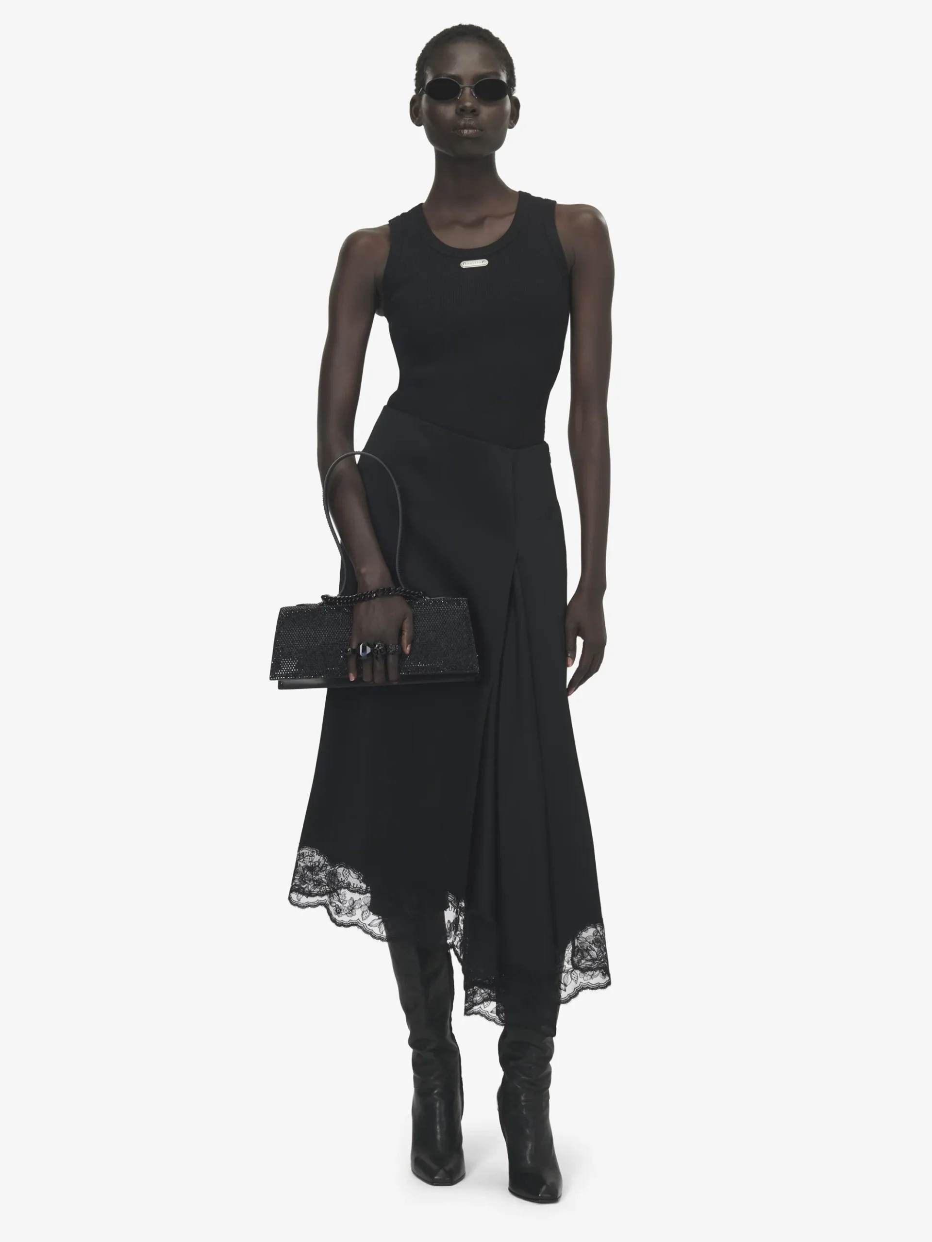 Women's Lace Hem Asymmetric Midi Skirt in Black