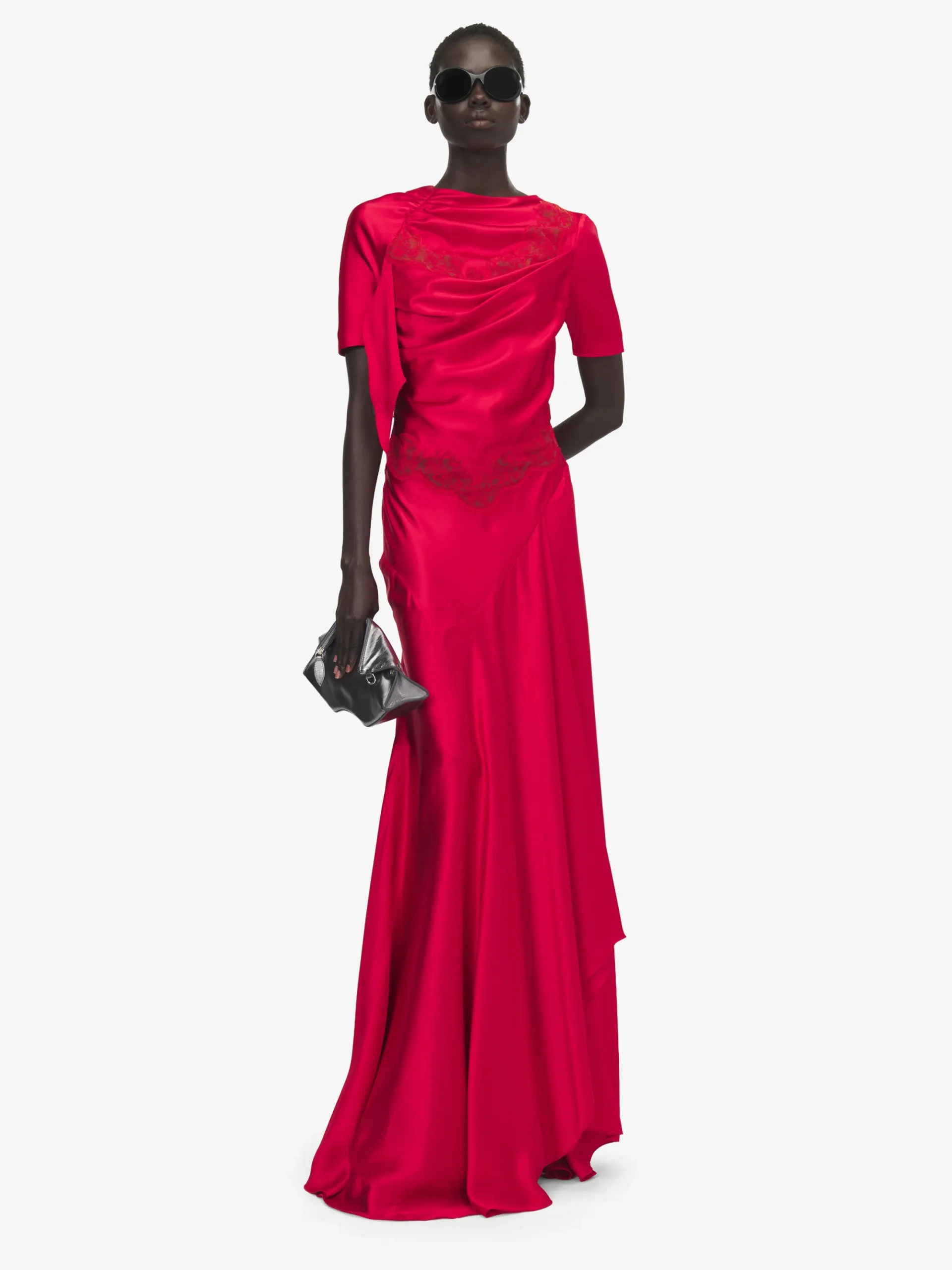 Women's Lace Trim Evening Dress in Red