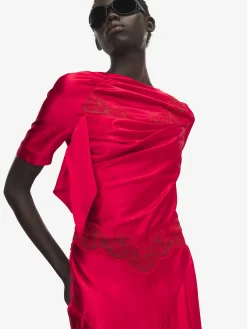 Women's Lace Trim Evening Dress in Red