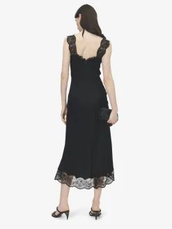 Women's Lace Trim Midi Dress in Black