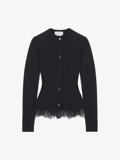 Women's Lace Trim Peplum Cardigan in Black