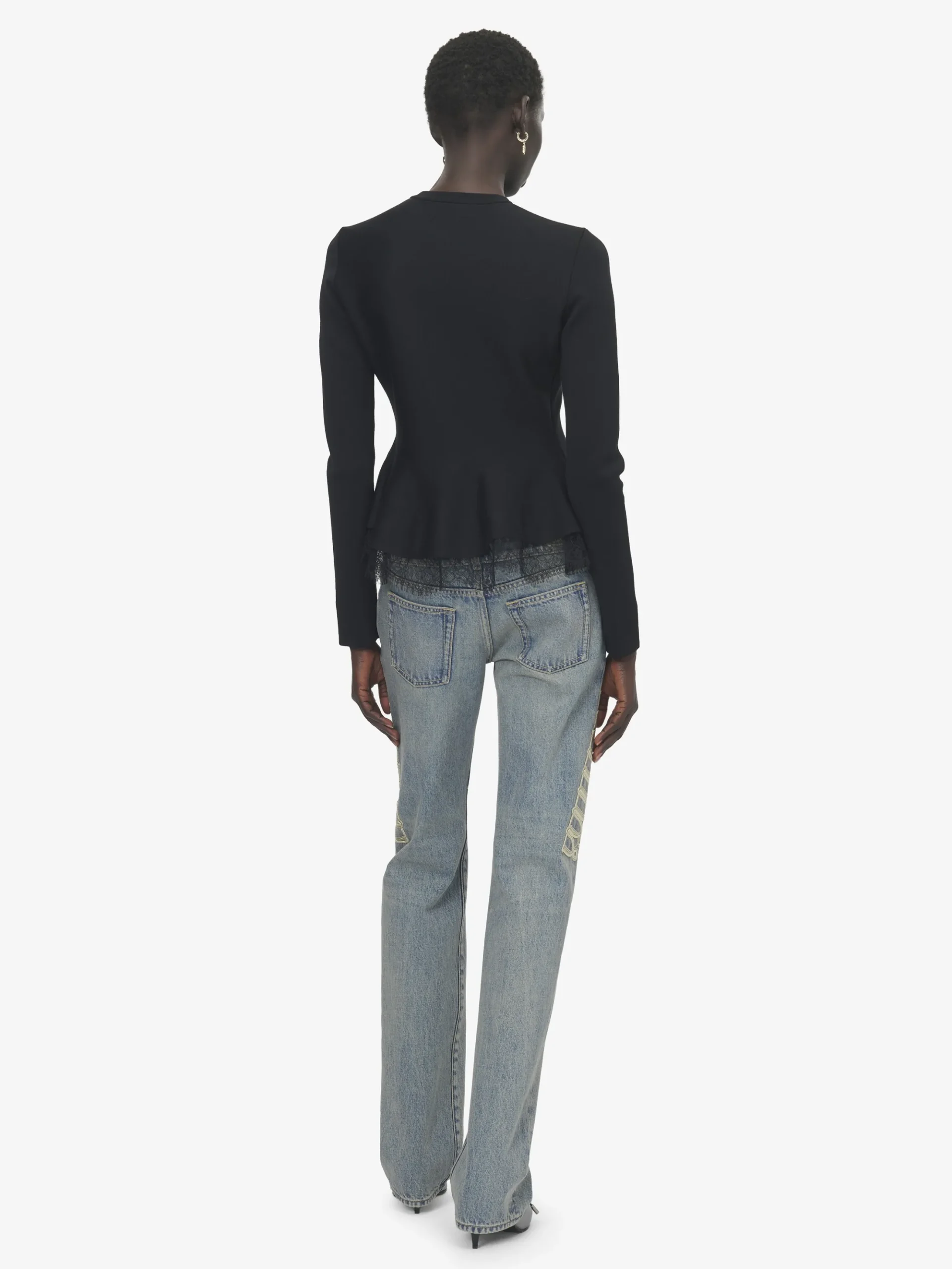 Women's Lace Trim Peplum Cardigan in Black