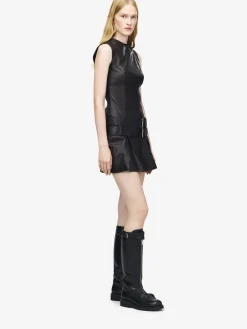 Women's Leather Double Belt Mini Dress in Black