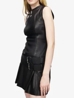 Women's Leather Double Belt Mini Dress in Black