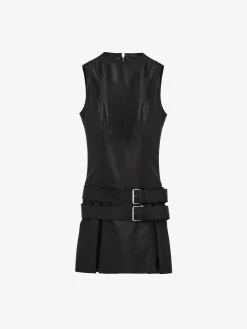 Women's Leather Double Belt Mini Dress in Black