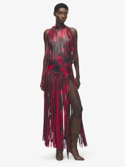 Women's Leather Floral Fringe Dress in Black/Red