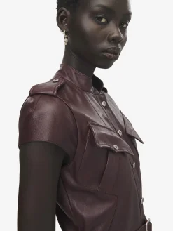 Women's Leather Uniform Midi Dress in Burgundy