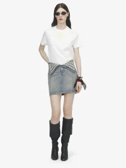 Women's Metallic Frogging Fold Over Mini Skirt in Washed Blue