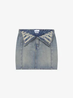 Women's Metallic Frogging Fold Over Mini Skirt in Washed Blue
