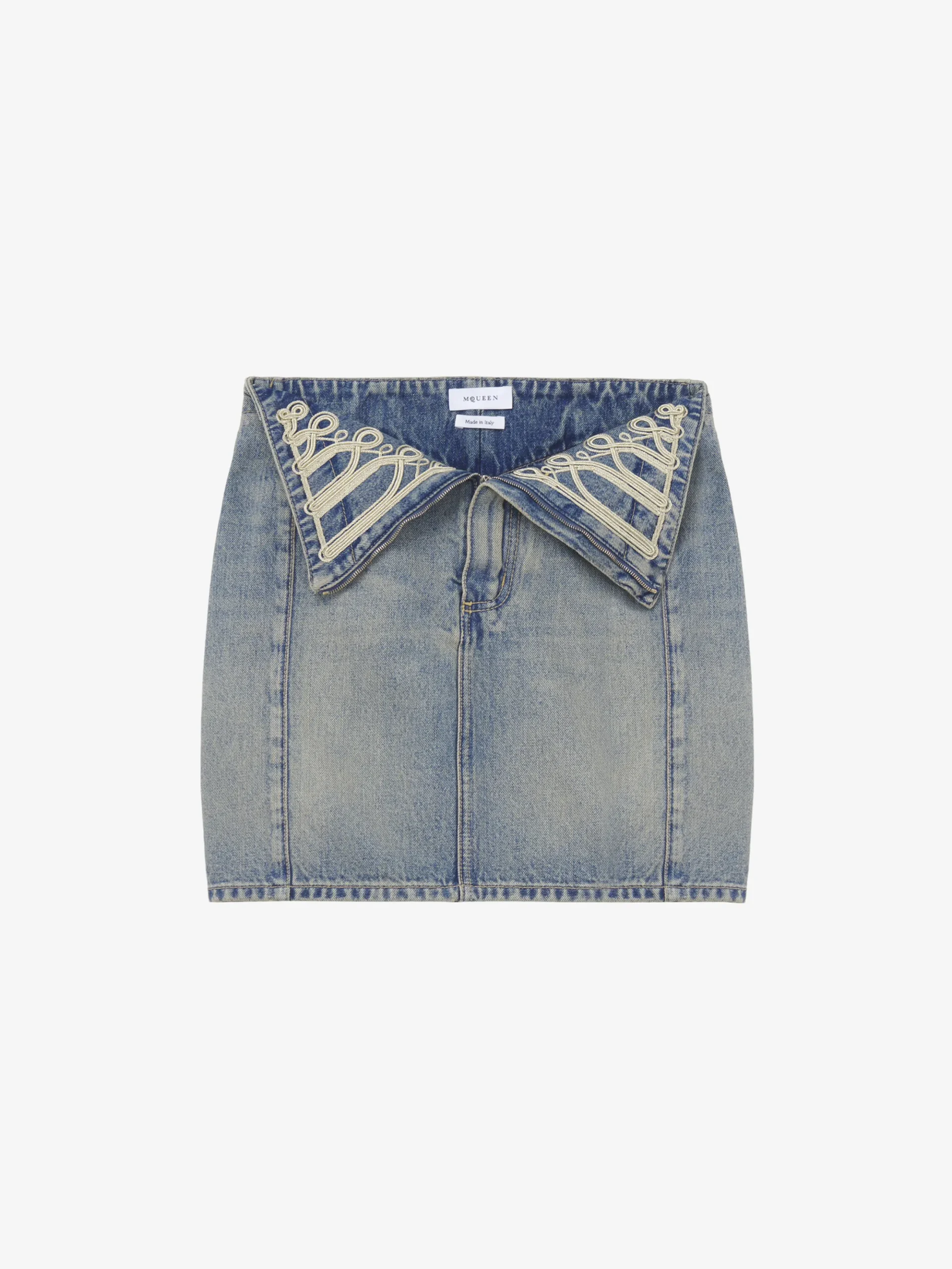 Women's Metallic Frogging Fold Over Mini Skirt in Washed Blue