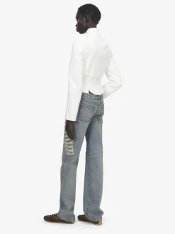 Women's Metallic Frogging Straight Leg Jeans in Washed Blue
