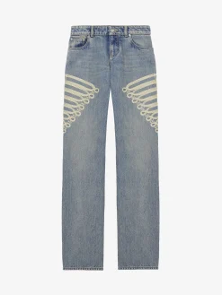 Women's Metallic Frogging Straight Leg Jeans in Washed Blue