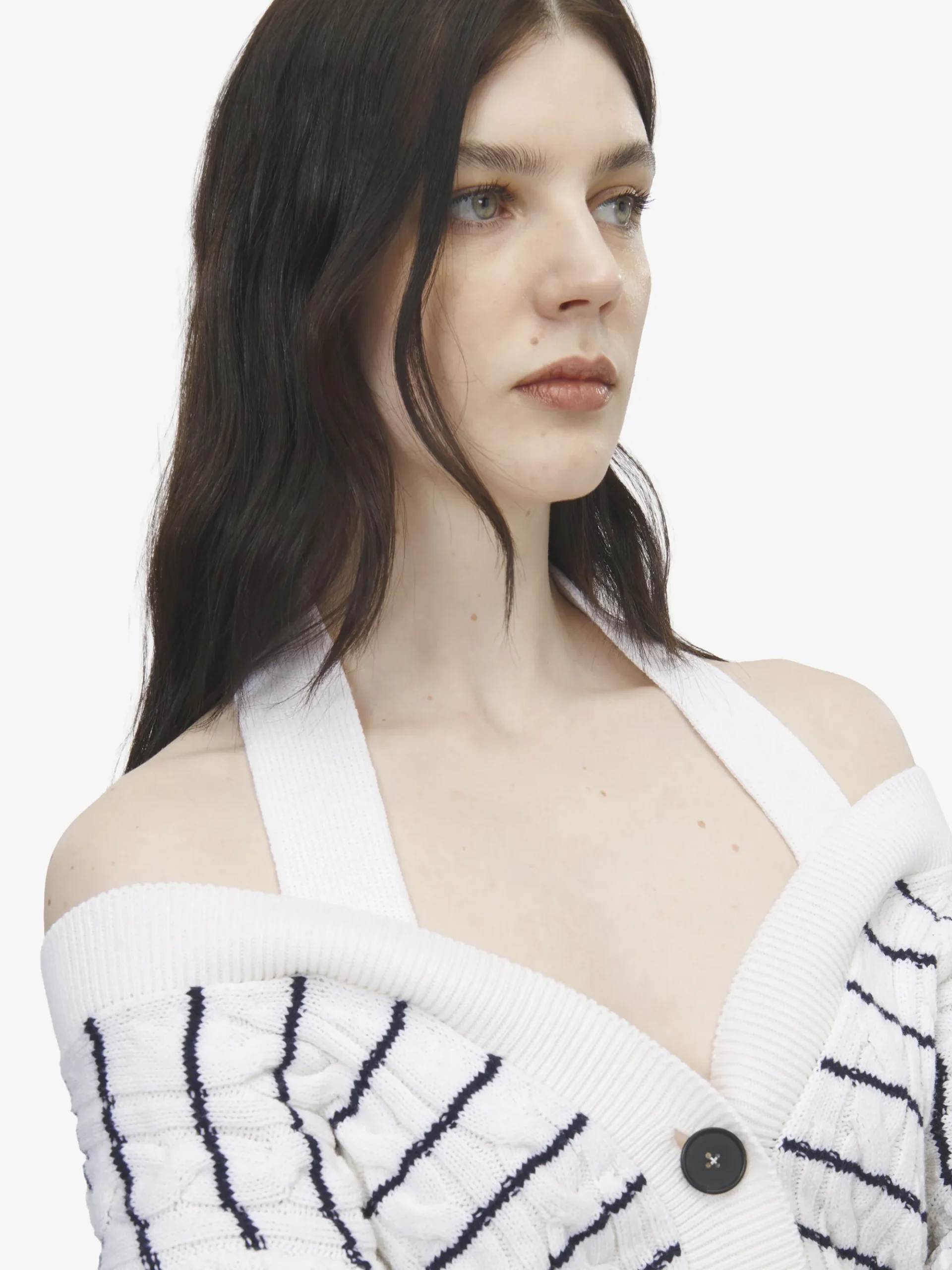 Women's Off-the-shoulder Striped Cardigan in Ivory/Navy