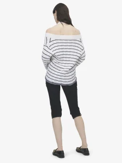 Women's Off-the-shoulder Striped Cardigan in Ivory/Navy