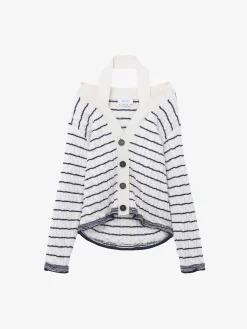 Women's Off-the-shoulder Striped Cardigan in Ivory/Navy