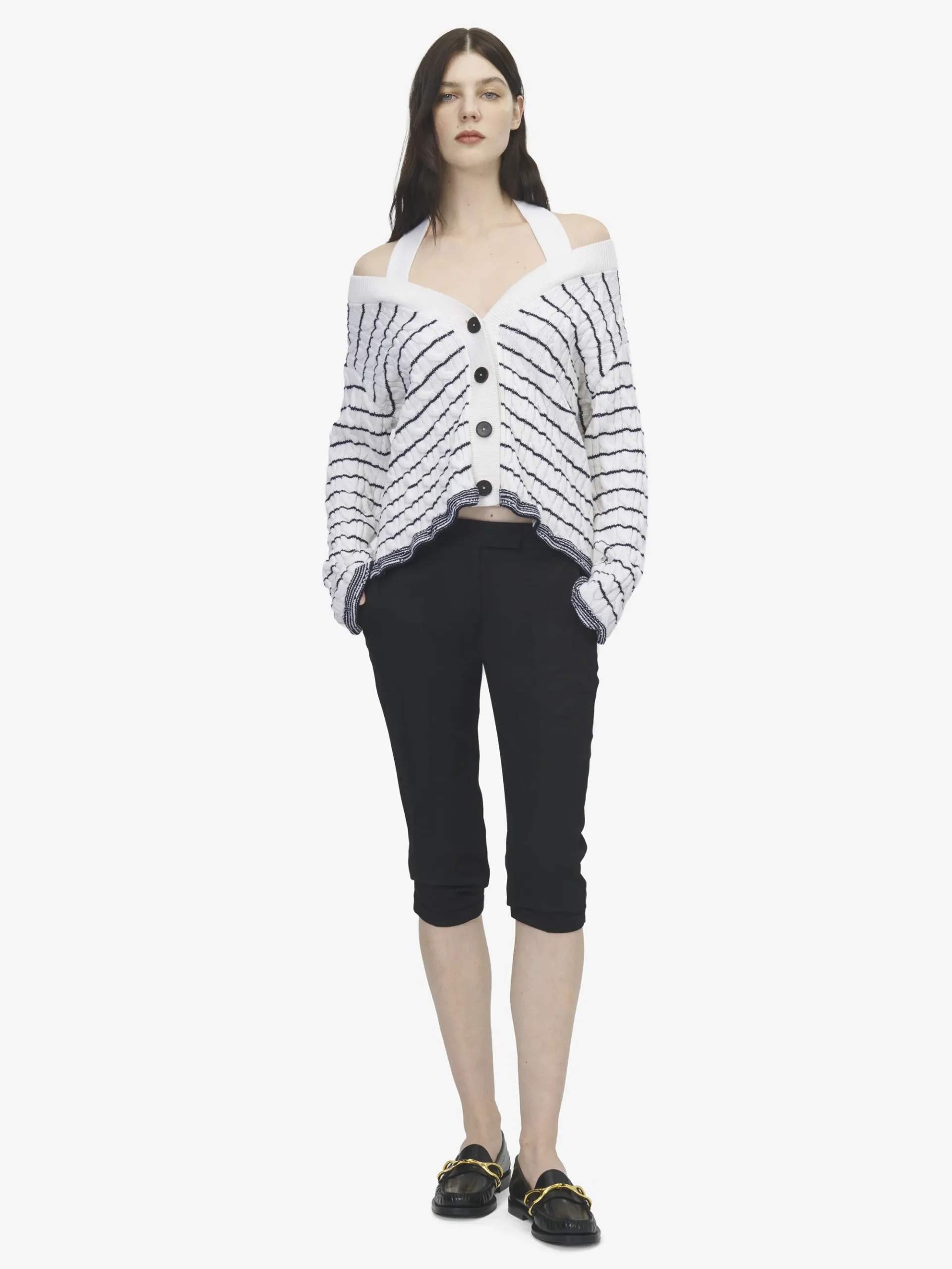 Women's Off-the-shoulder Striped Cardigan in Ivory/Navy
