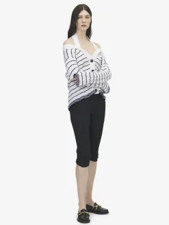 Women's Off-the-shoulder Striped Cardigan in Ivory/Navy