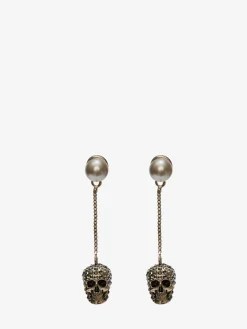 Women's Pave Skull Chain Earrings in Gold-finish