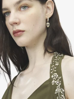 Women's Pavé Skull Hoop Earrings in Pale Gold-finish