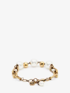Women's Pearl-like Skull Chain Bracelet in Antique Gold-finish
