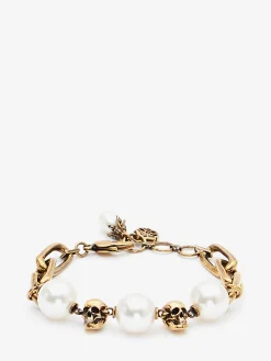 Women's Pearl-like Skull Chain Bracelet in Antique Gold-finish