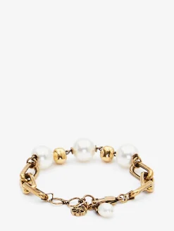 Women's Pearl-like Skull Chain Bracelet in Antique Gold-finish