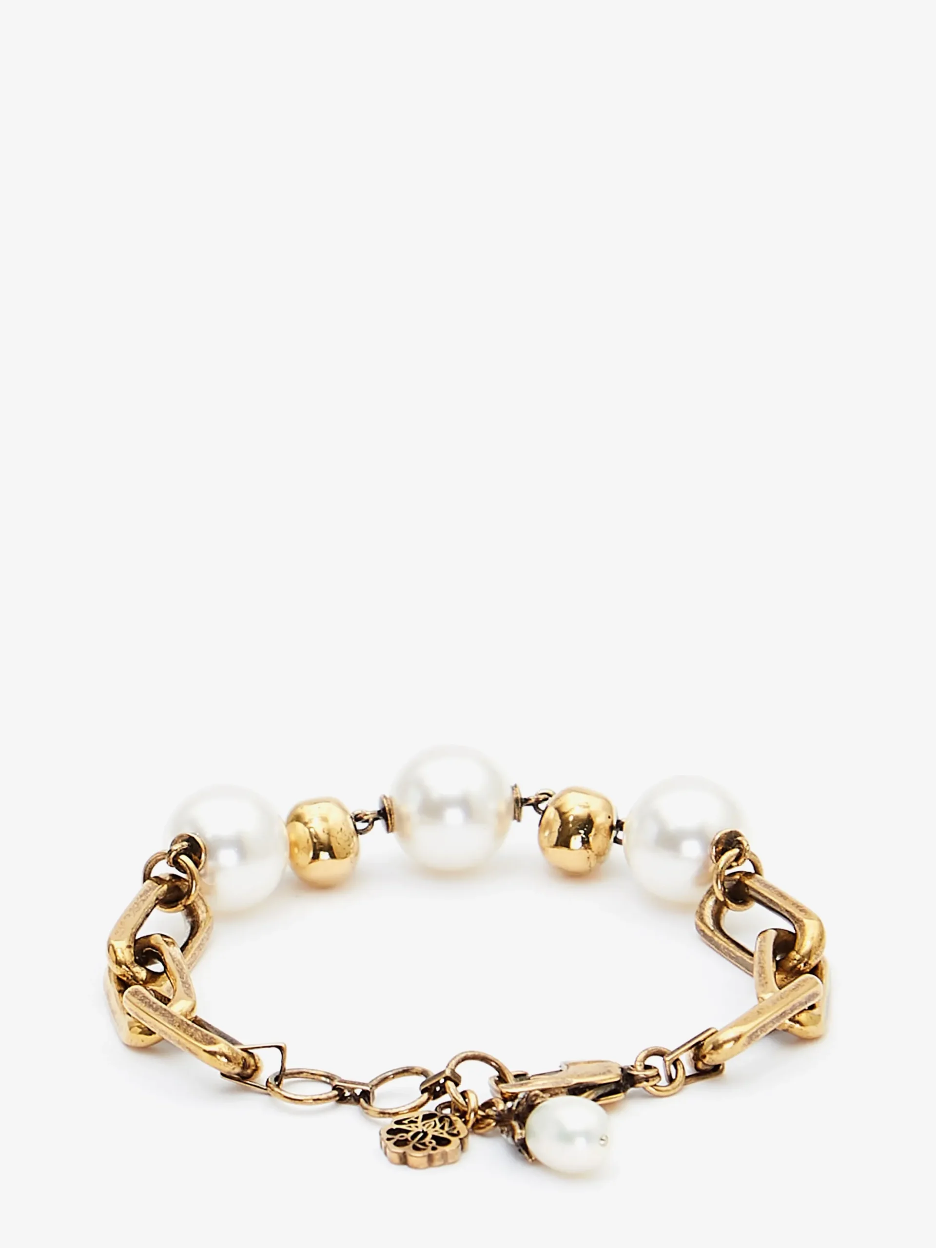 Women's Pearl-like Skull Chain Bracelet in Antique Gold-finish