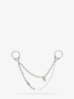 Women's Pearl & Skull Double Chain Charm in Palladium