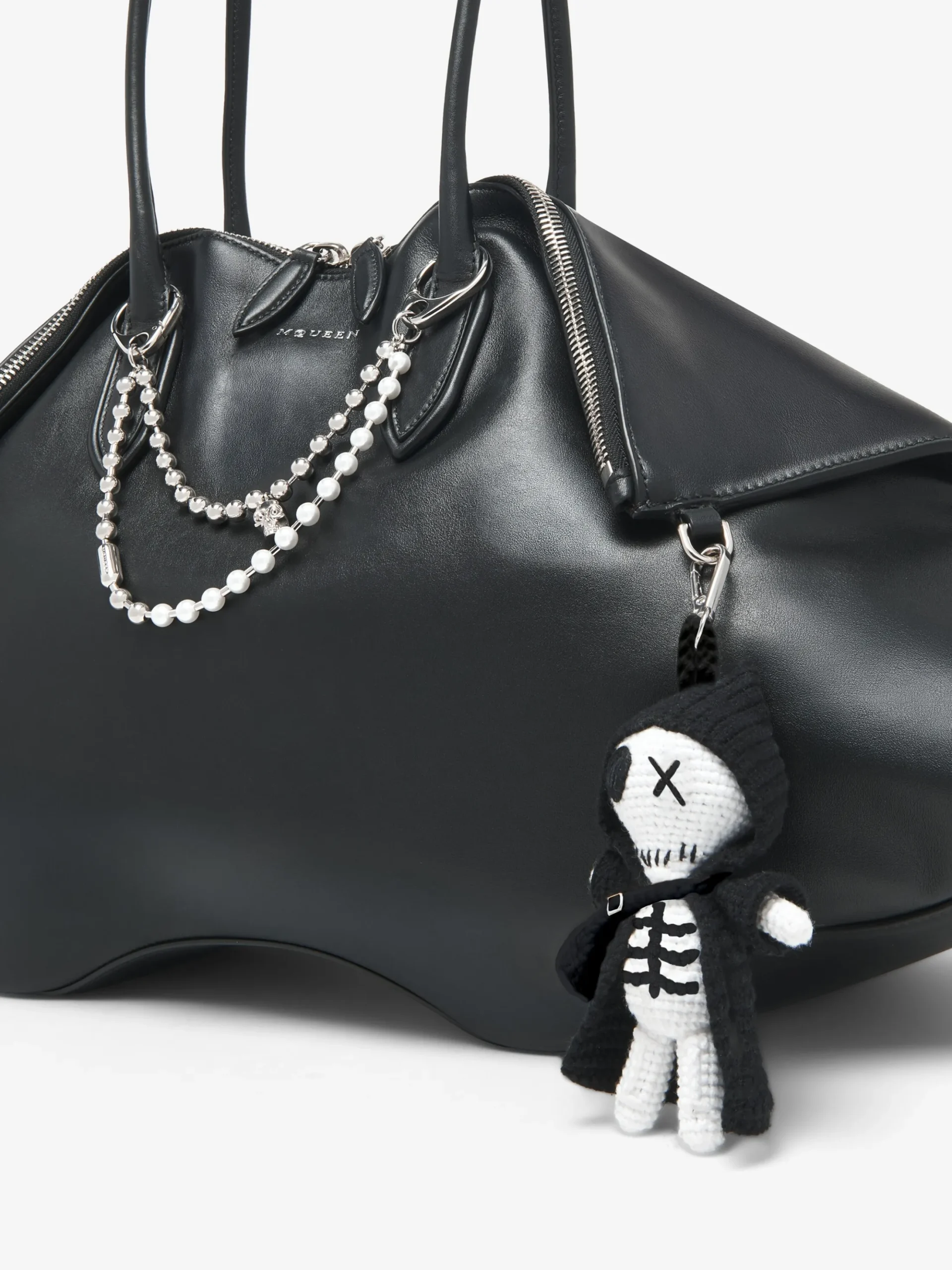 Women's Pearl & Skull Double Chain Charm in Palladium