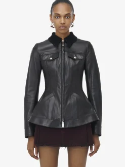 Women's Peplum Leather Jacket in Black