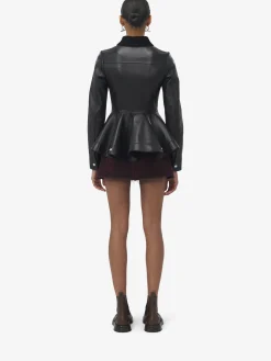 Women's Peplum Leather Jacket in Black