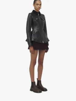 Women's Peplum Leather Jacket in Black