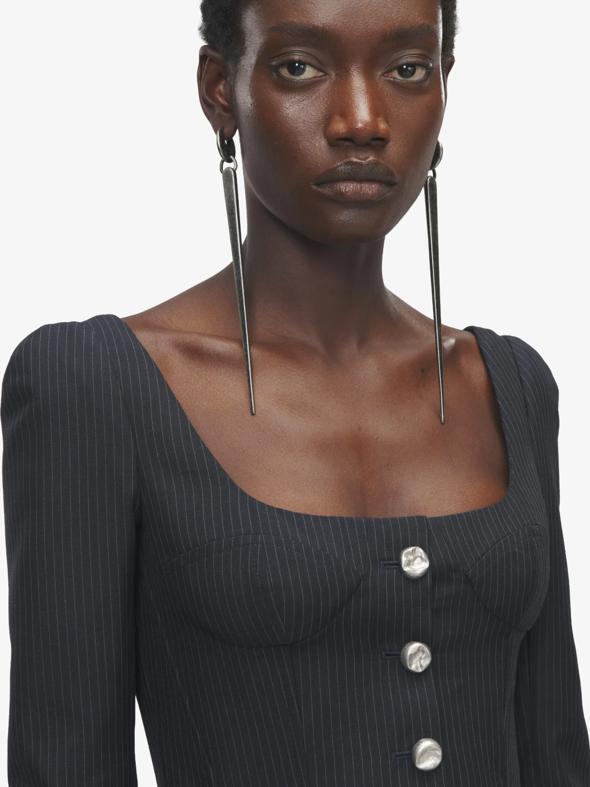 Women's Pinstriped Fitted Jacket in Navy