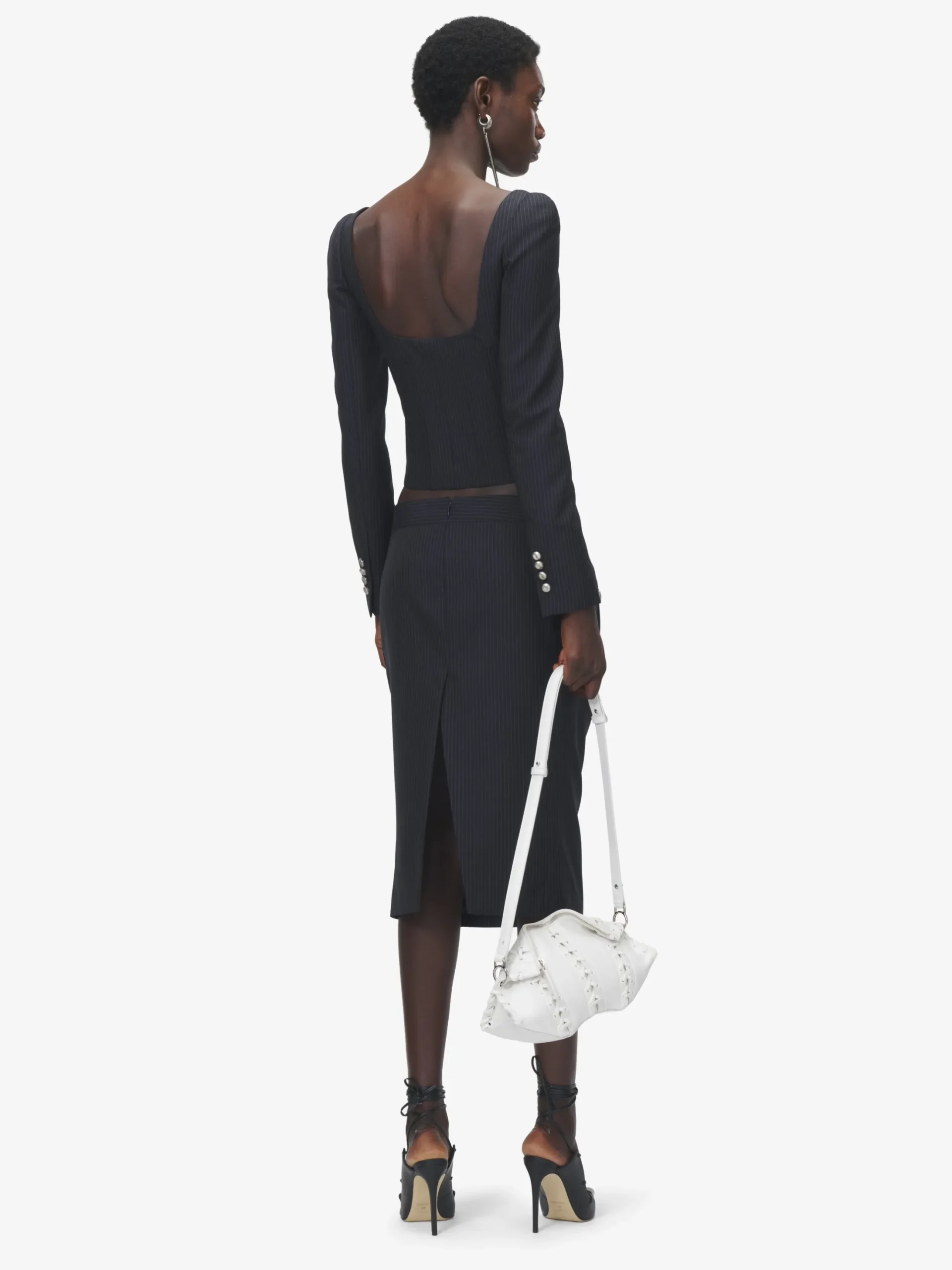 Women's Pinstriped Fitted Jacket in Navy