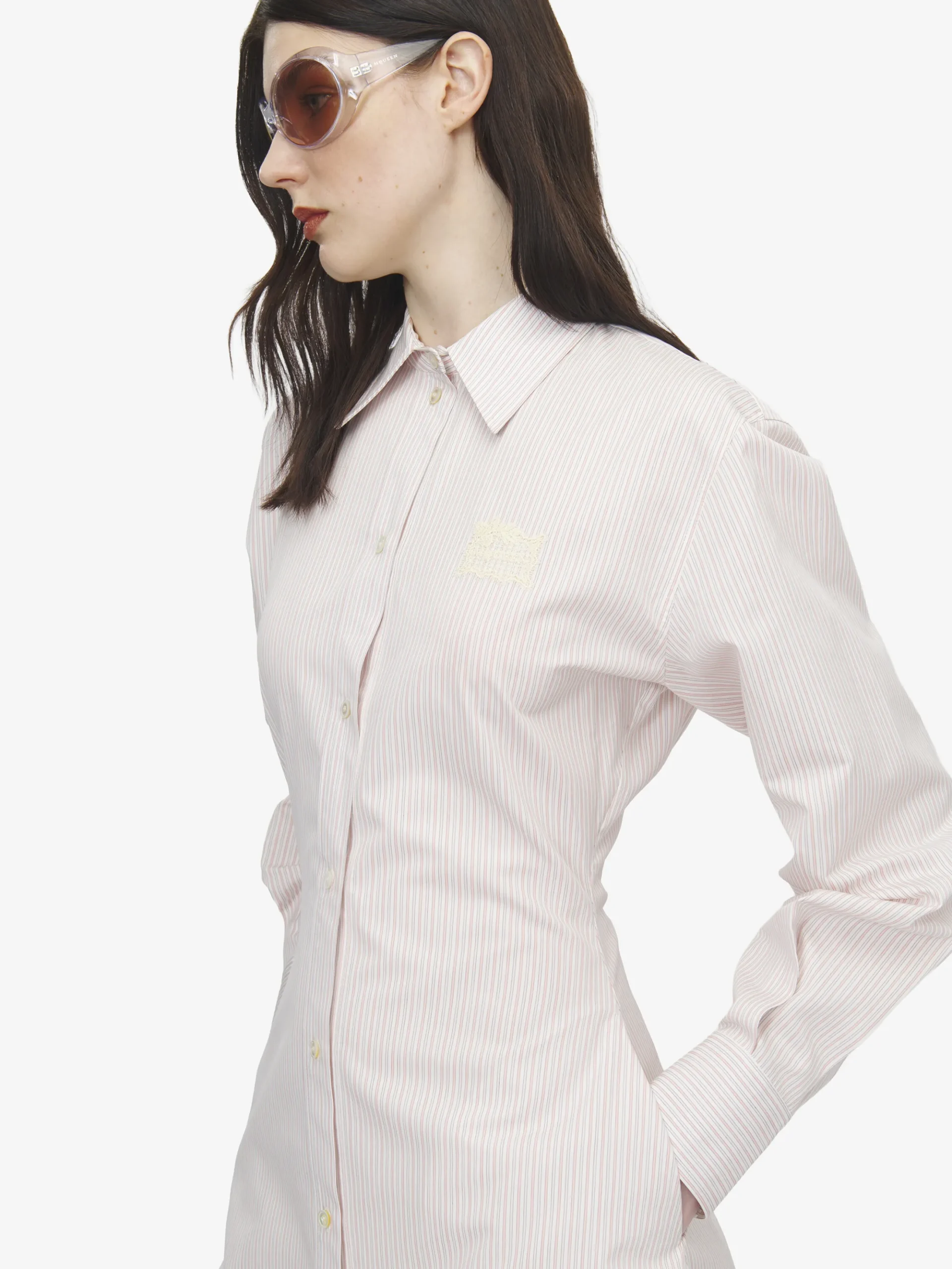 Women's Pinstriped Shirt Dress in Ivory/Pink