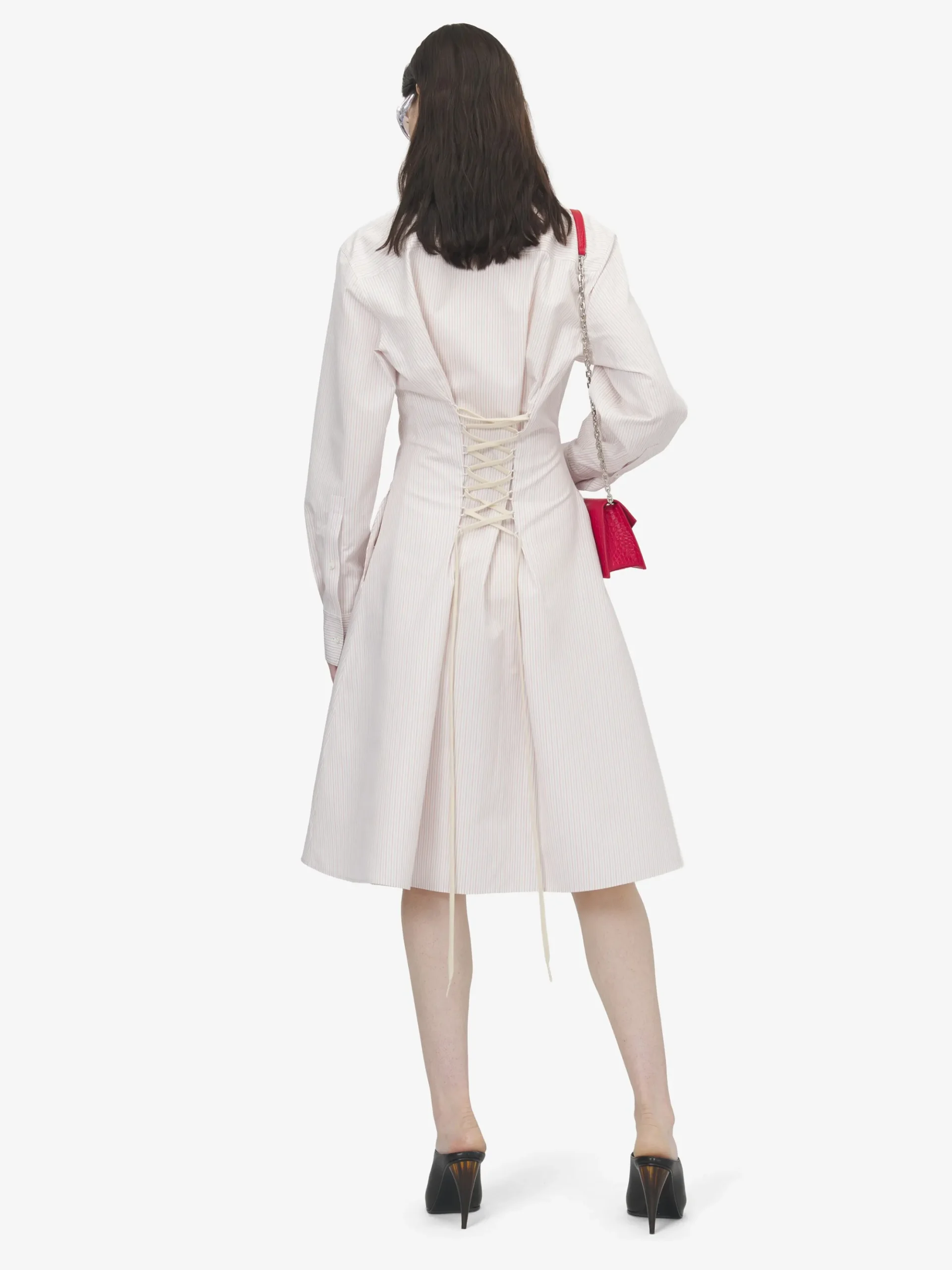 Women's Pinstriped Shirt Dress in Ivory/Pink