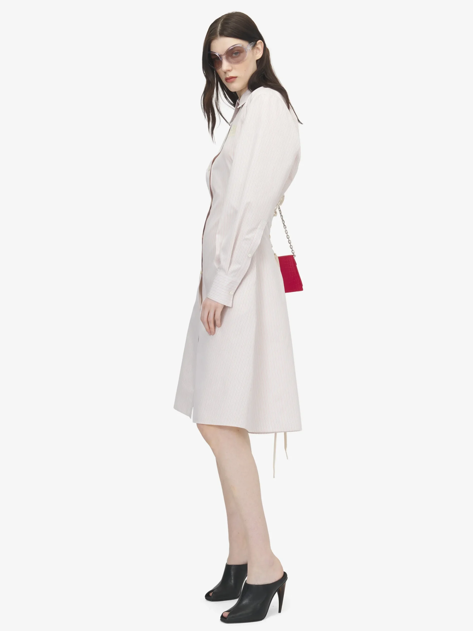 Women's Pinstriped Shirt Dress in Ivory/Pink