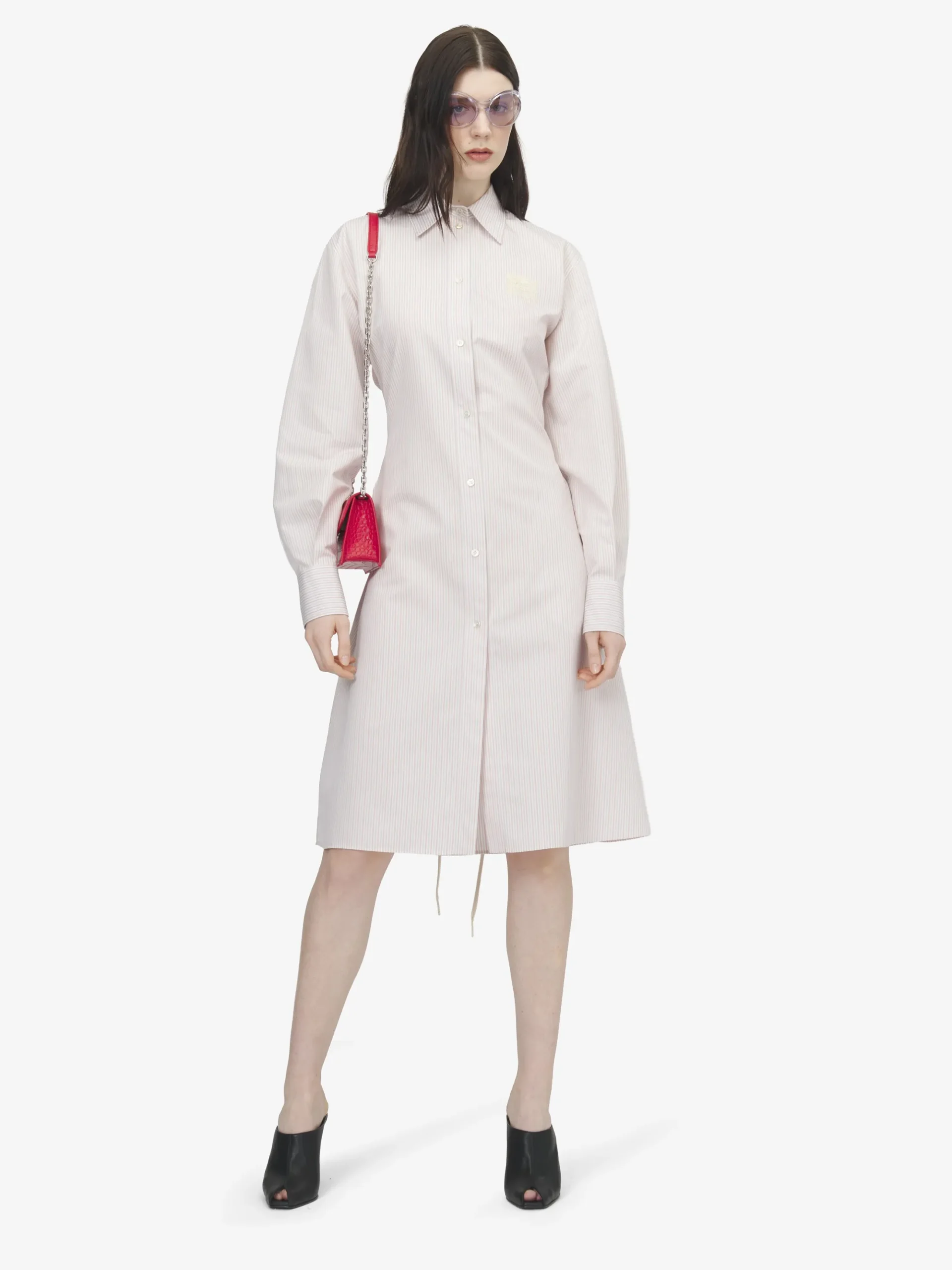 Women's Pinstriped Shirt Dress in Ivory/Pink