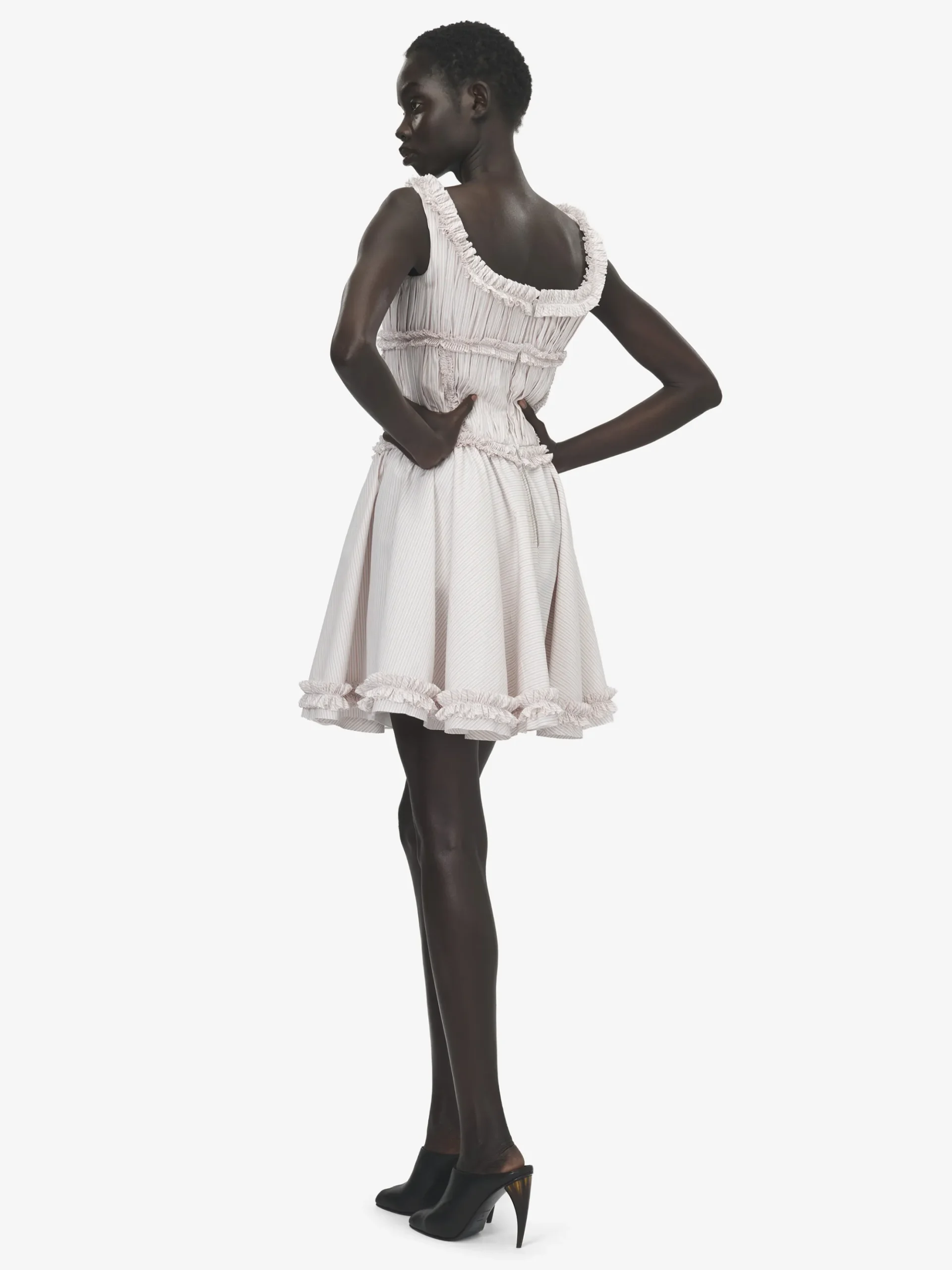 Women's Pleated Ruffle Pinstripe Mini Dress in Ivory/Pink