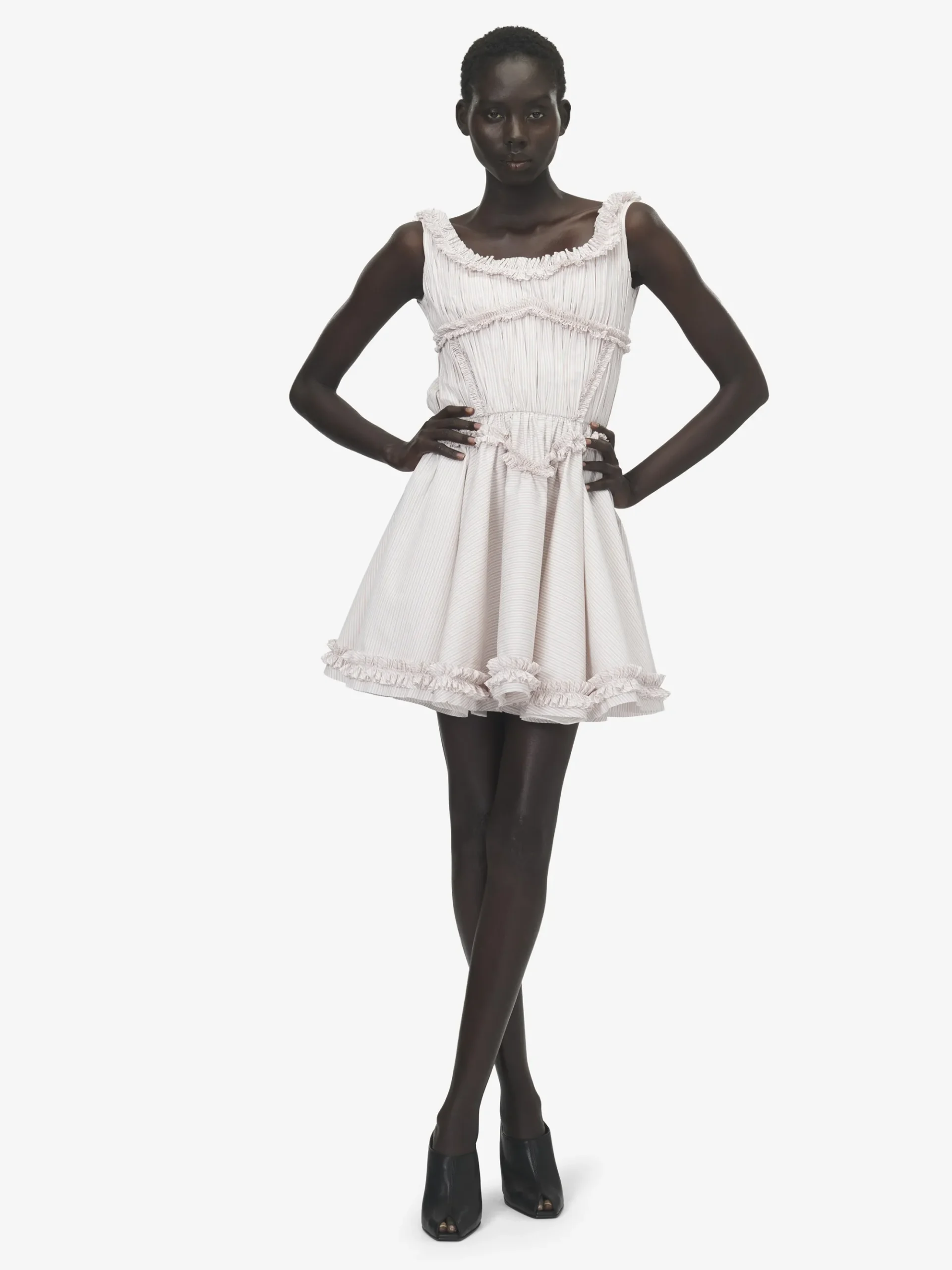 Women's Pleated Ruffle Pinstripe Mini Dress in Ivory/Pink