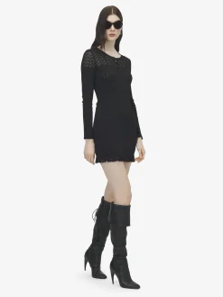 Women's Pointelle Knit Mini Dress in Black